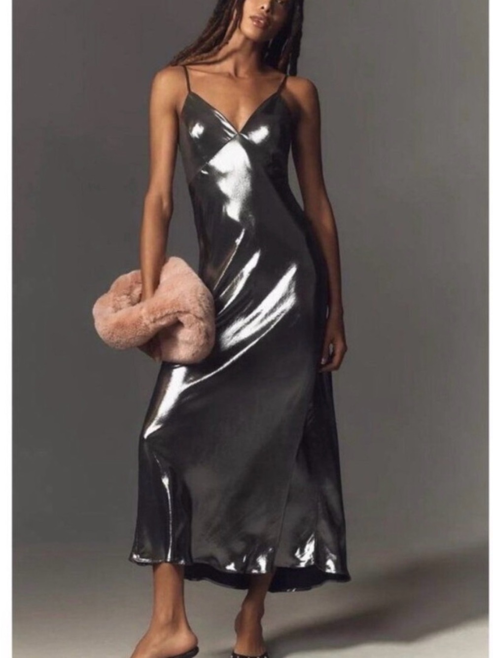 Anthropologie Metallic Charcoal Maxi slip dress